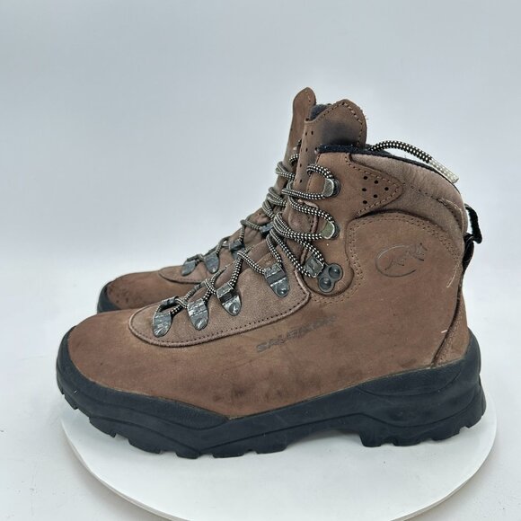 Salomon Women 9  Men 8.5 Brown Black Full Leather Contagrip Hiking Boot - Picture 1 of 13